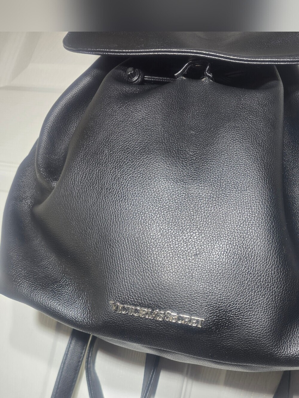 Victoria’s Secret Black Faux Leather Backpack Drawstring Bag Silver  Logo - Picture 7 of 8
